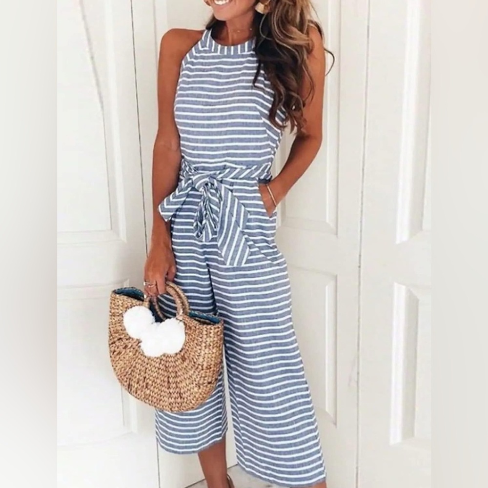 Striped Blue Cropped Halter Jumpsuit